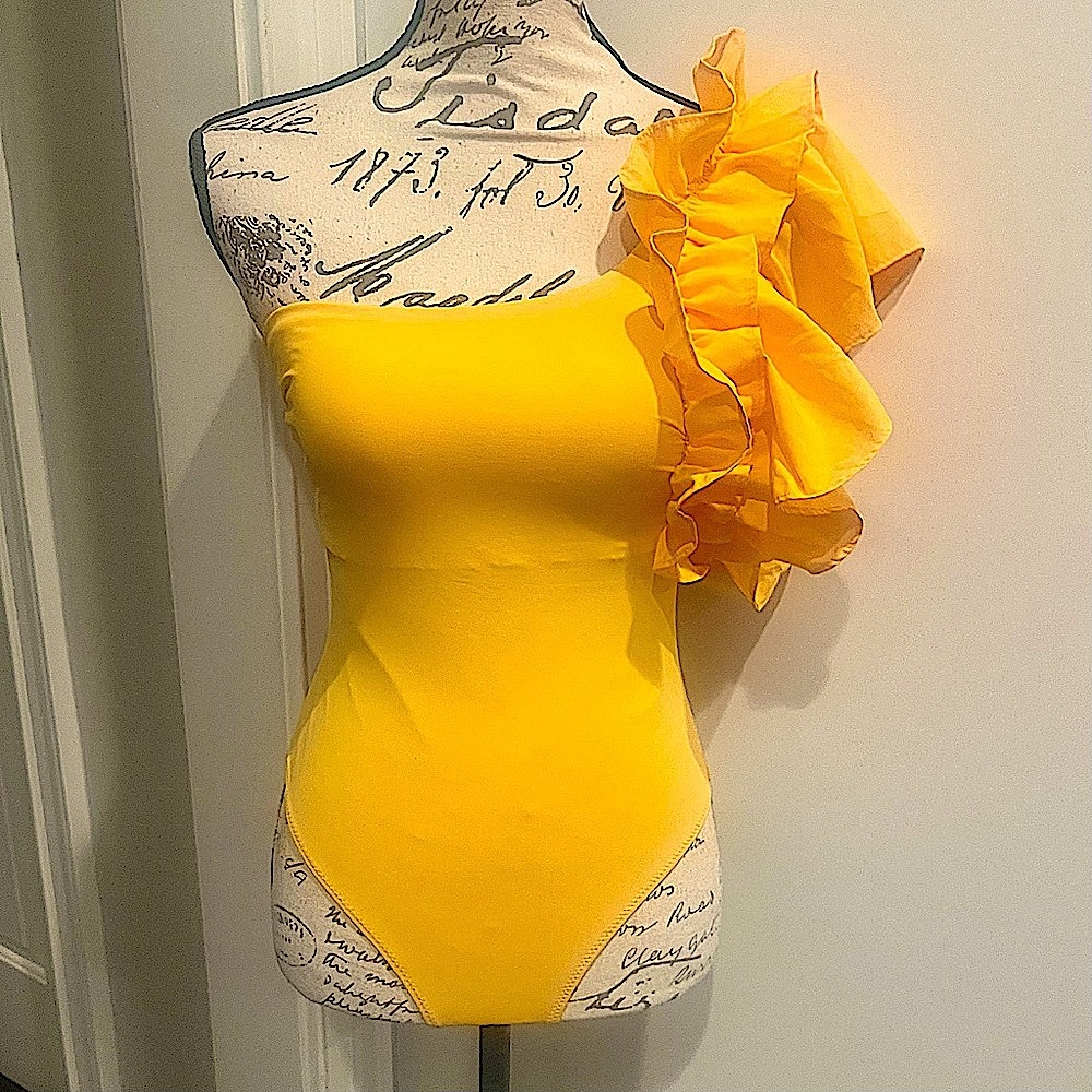 Zara Large Ruffle One Shoulder One Piece Swimsuit in Bright Yellow - Picture 10 of 15